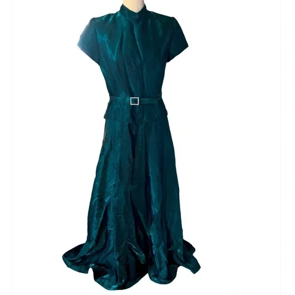 Vintage Laura Salkin Emerald Green Short Sleeve Maxi Formal Dress Size 11/12 - Picture 1 of 14